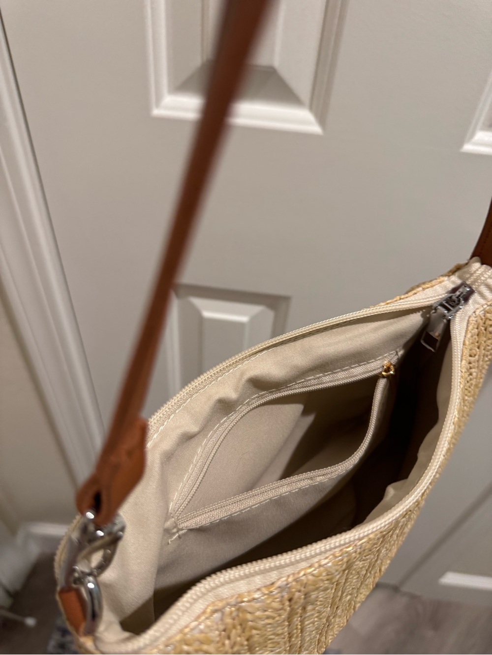 Woven Straw Shoulder Bag with Brown Strap - Picture 2 of 4